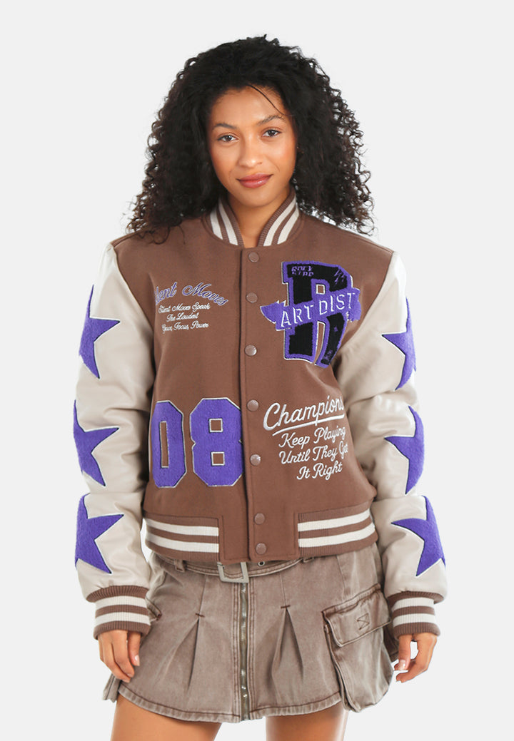 star patchwork varsity jacket#color_brown