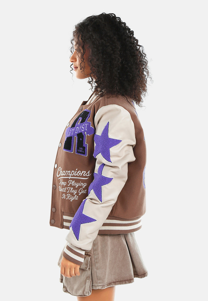 star patchwork varsity jacket#color_brown