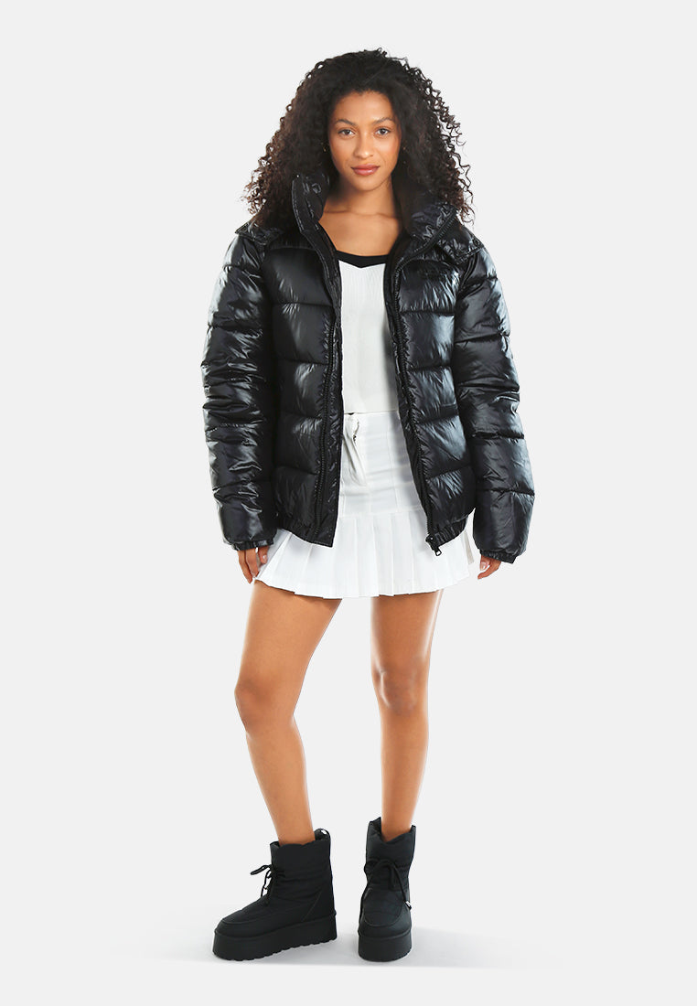 women hood detail quilted jacket#color_black