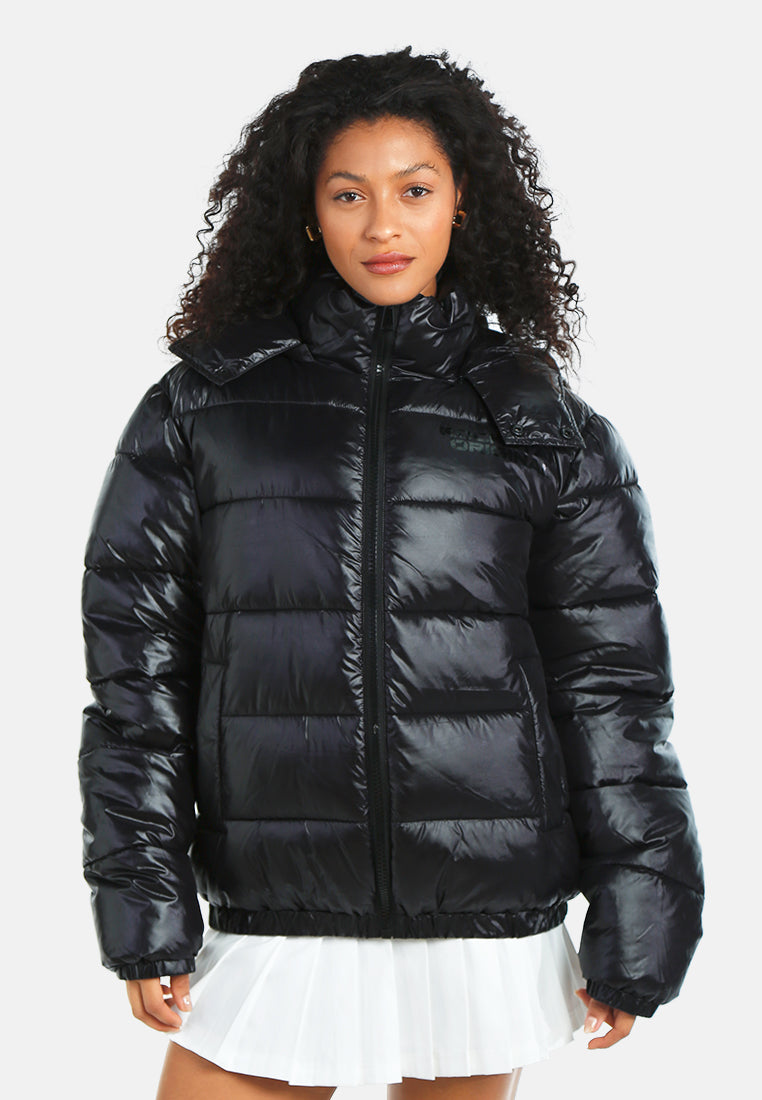 women hood detail quilted jacket#color_black