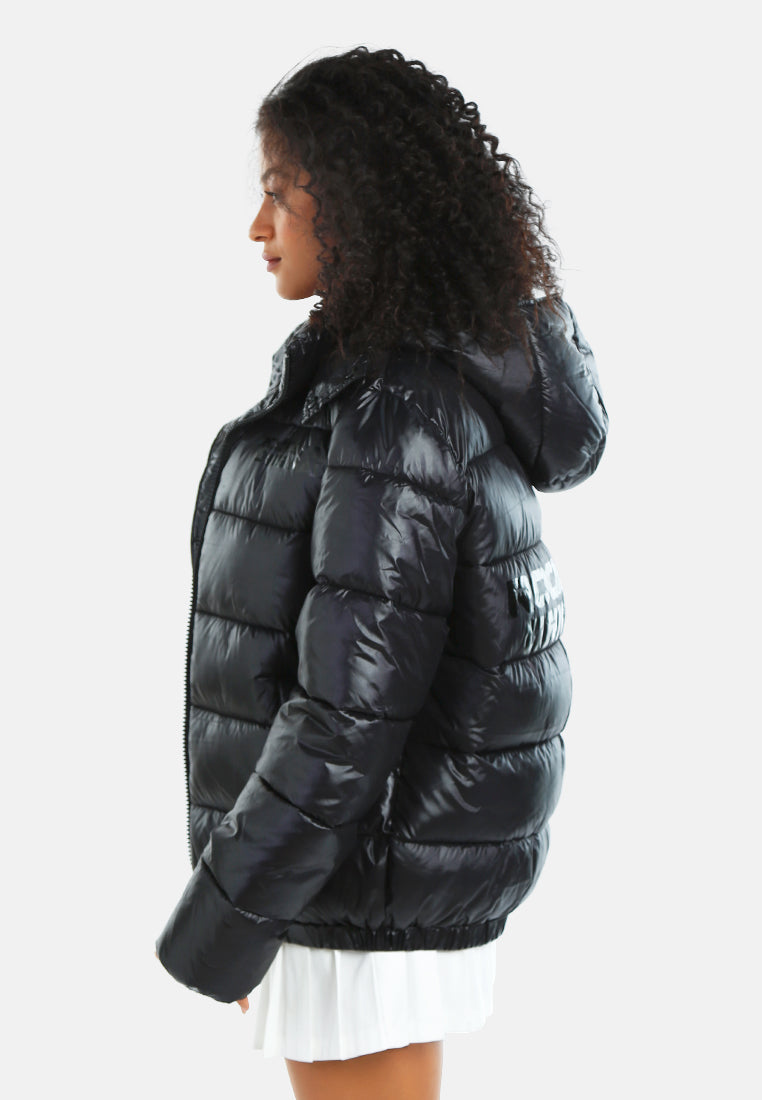women hood detail quilted jacket#color_black