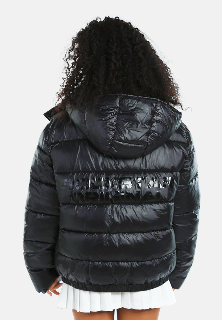 women hood detail quilted jacket#color_black