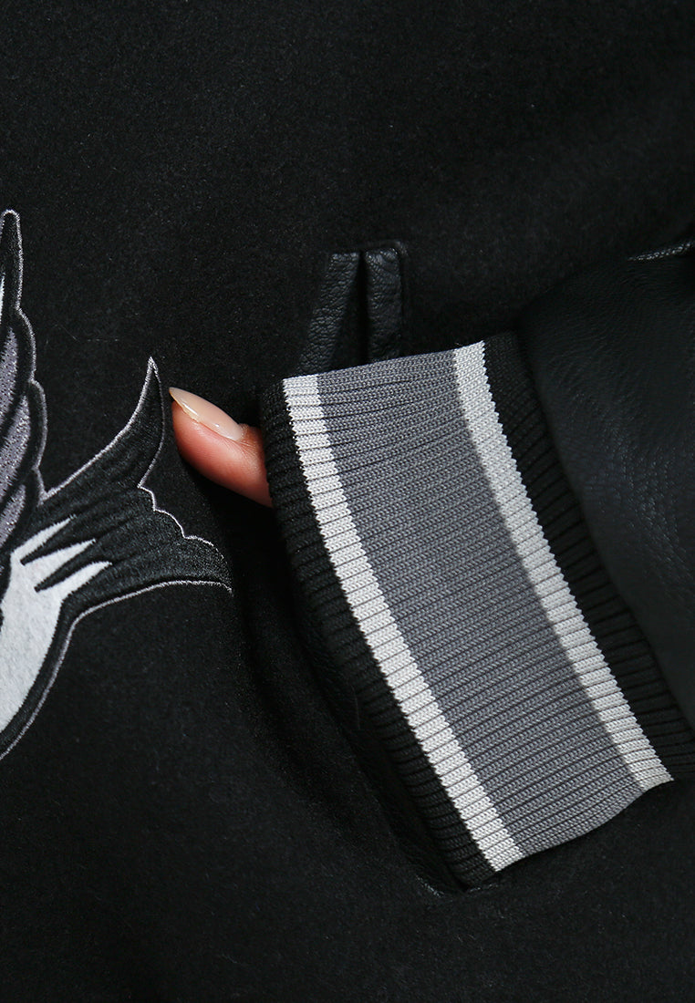 women patchwork detail varsity jacket#color_black