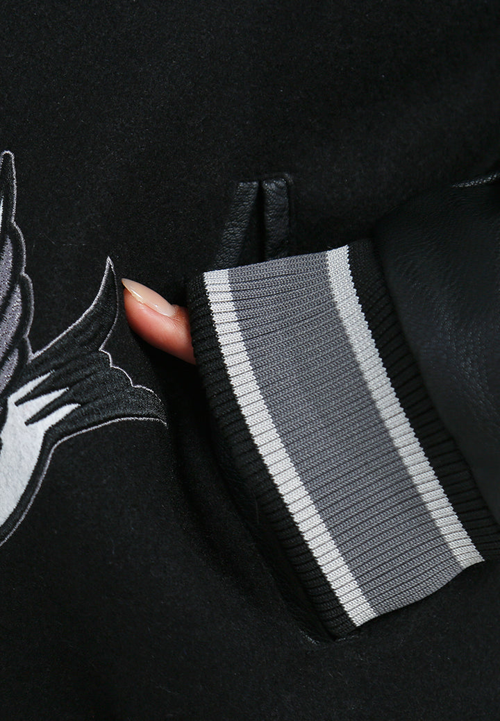 women patchwork detail varsity jacket#color_black