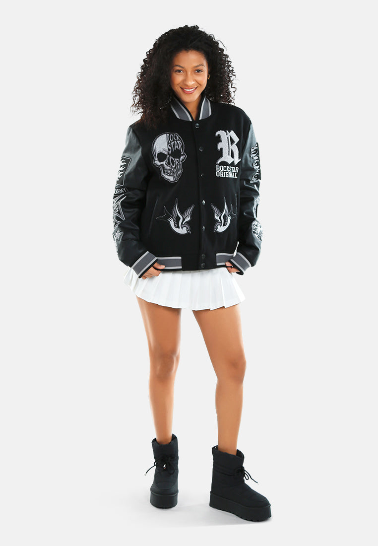 women patchwork detail varsity jacket#color_black