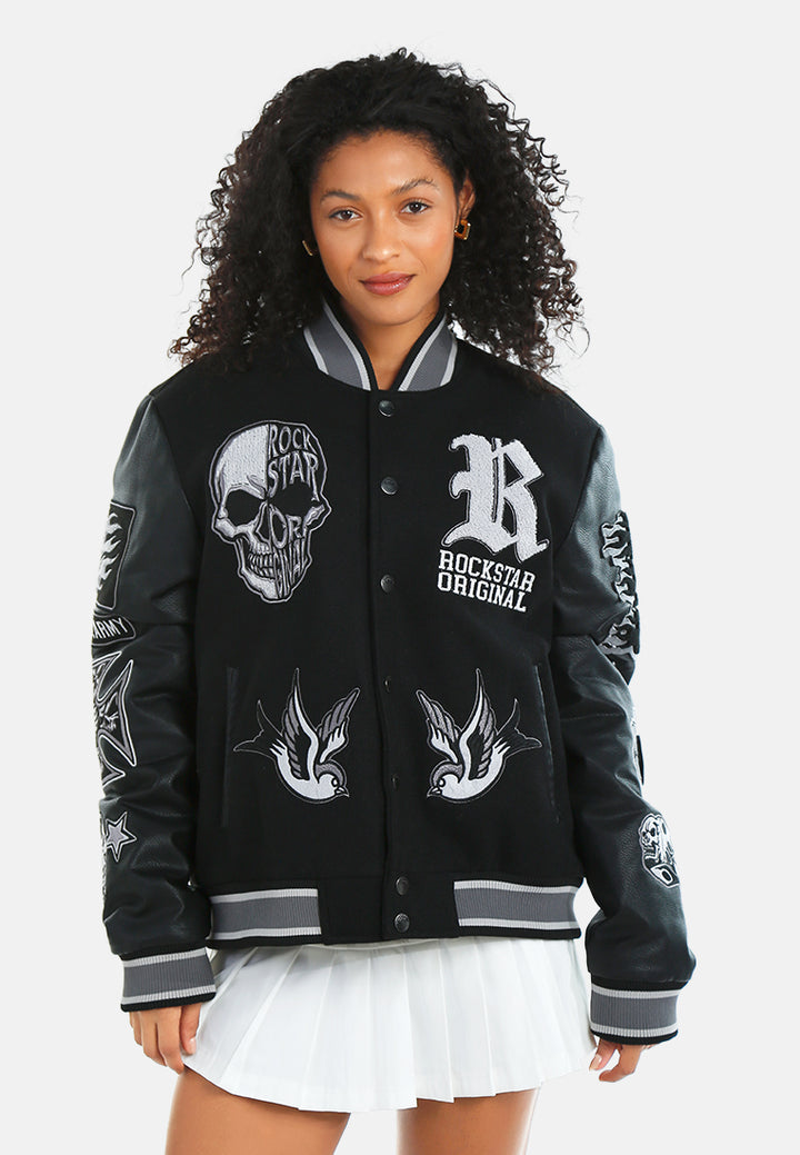 women patchwork detail varsity jacket#color_black