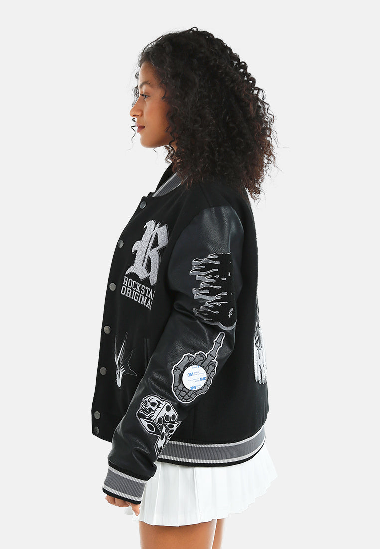 women patchwork detail varsity jacket#color_black