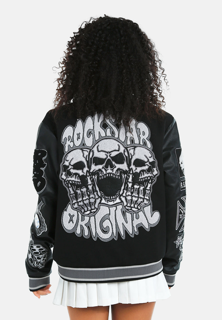 women patchwork detail varsity jacket#color_black