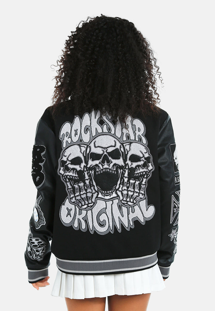 women patchwork detail varsity jacket#color_black