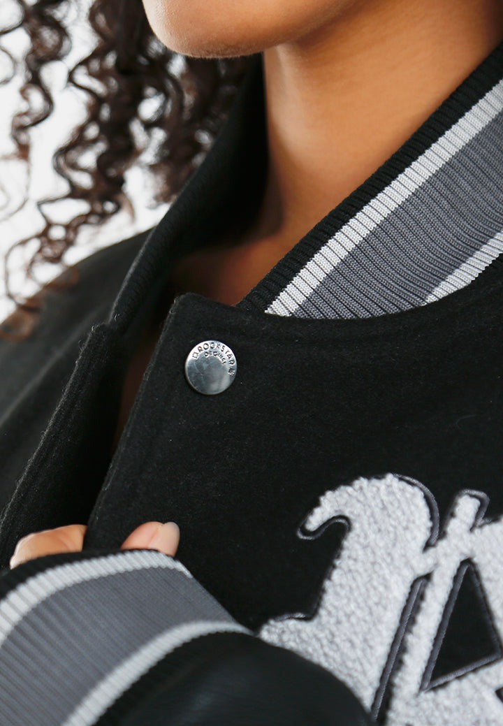 women patchwork detail varsity jacket#color_black