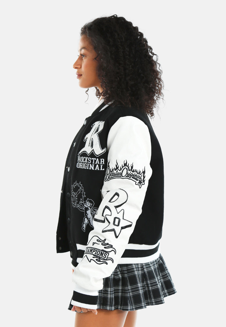 Women Contrasting Sleeves Varsity Jacket
