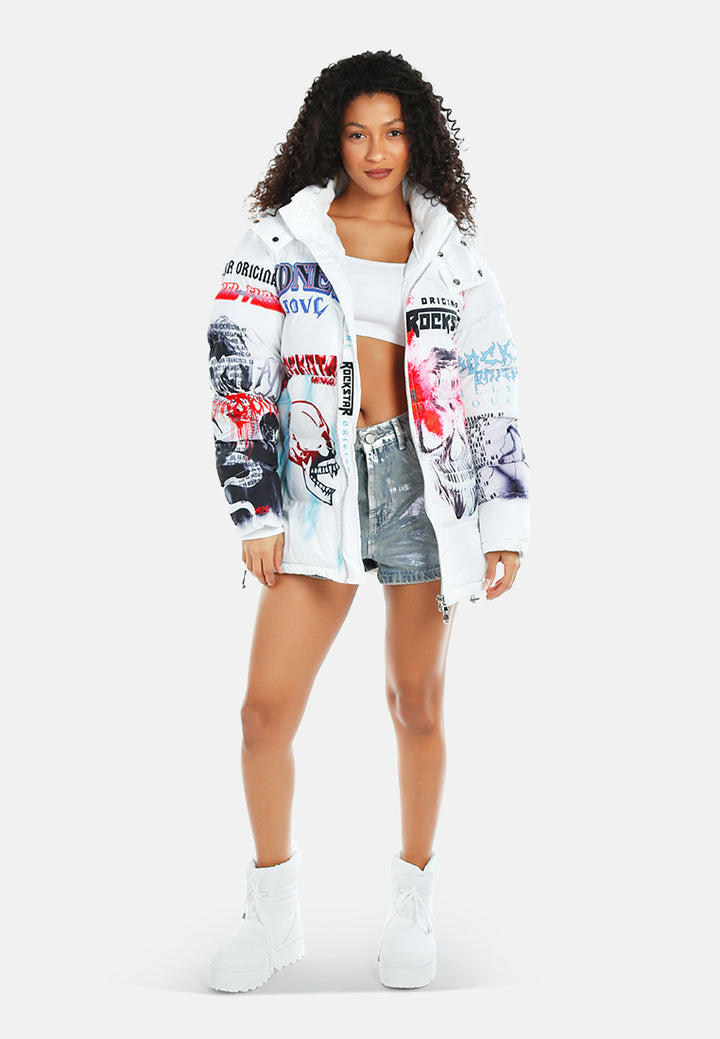 women graphics print detail quilted jacket#color_white