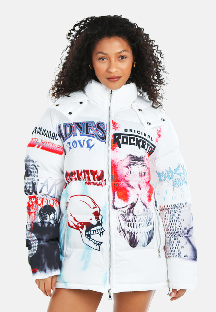 women graphics print detail quilted jacket#color_white