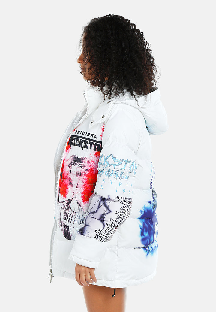 women graphics print detail quilted jacket#color_white