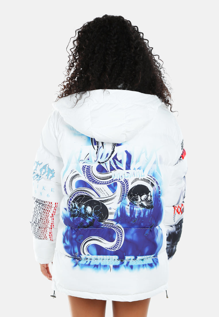 women graphics print detail quilted jacket#color_white