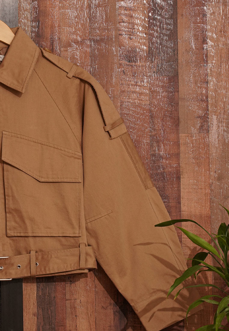 Women Cropped Utility Jacket WIth Waist Belt
