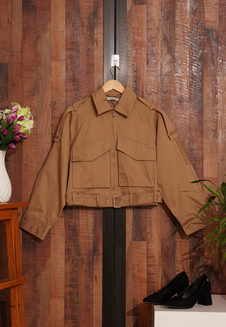 Women Cropped Utility Jacket WIth Waist Belt