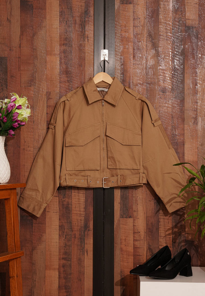 Women Cropped Utility Jacket WIth Waist Belt