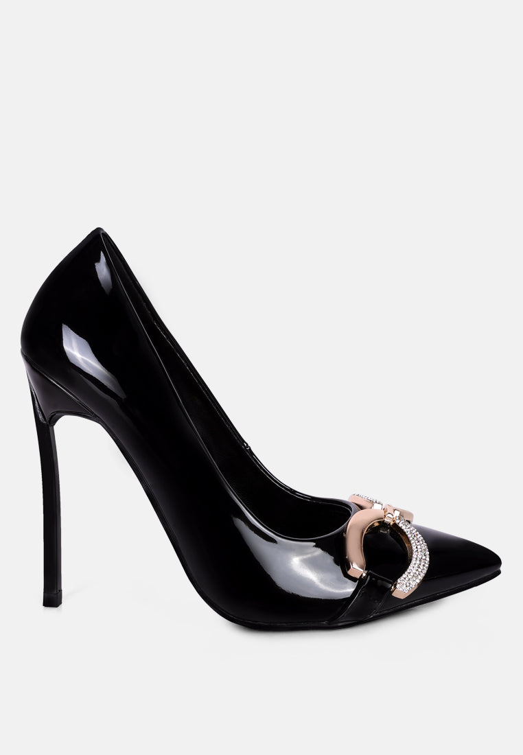 women buckle embellished stiletto pump shoes#color_black