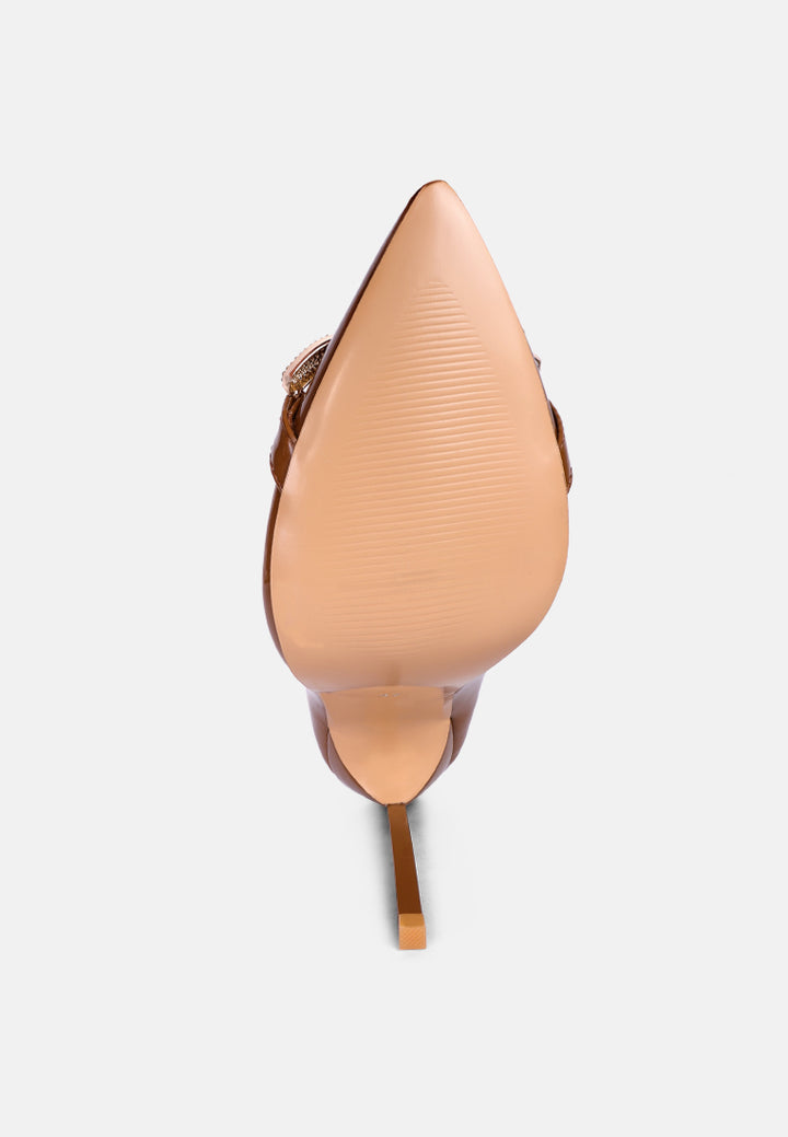 women buckle embellished stiletto pump shoes#color_brown