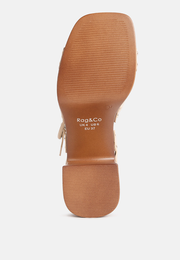 women cross strap stud embellished heels#color_beige