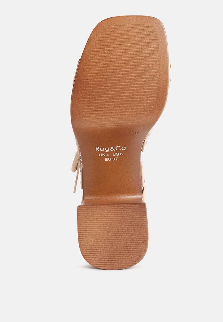 women cross strap stud embellished heels#color_beige