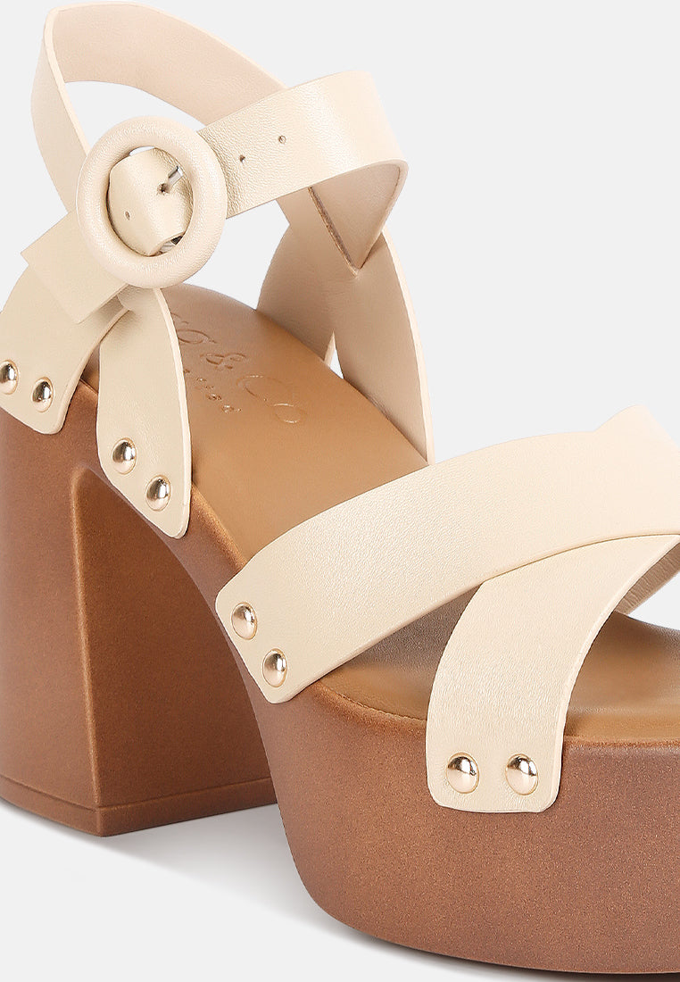 women cross strap stud embellished heels#color_beige