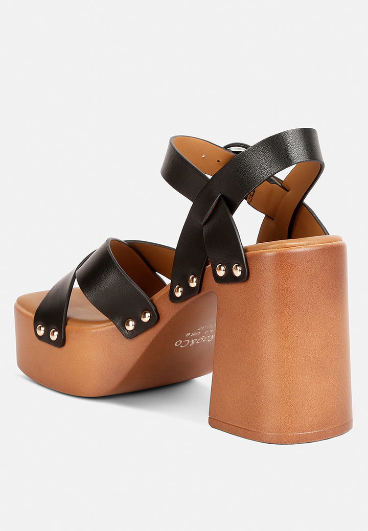 women cross strap stud embellished heels#color_black