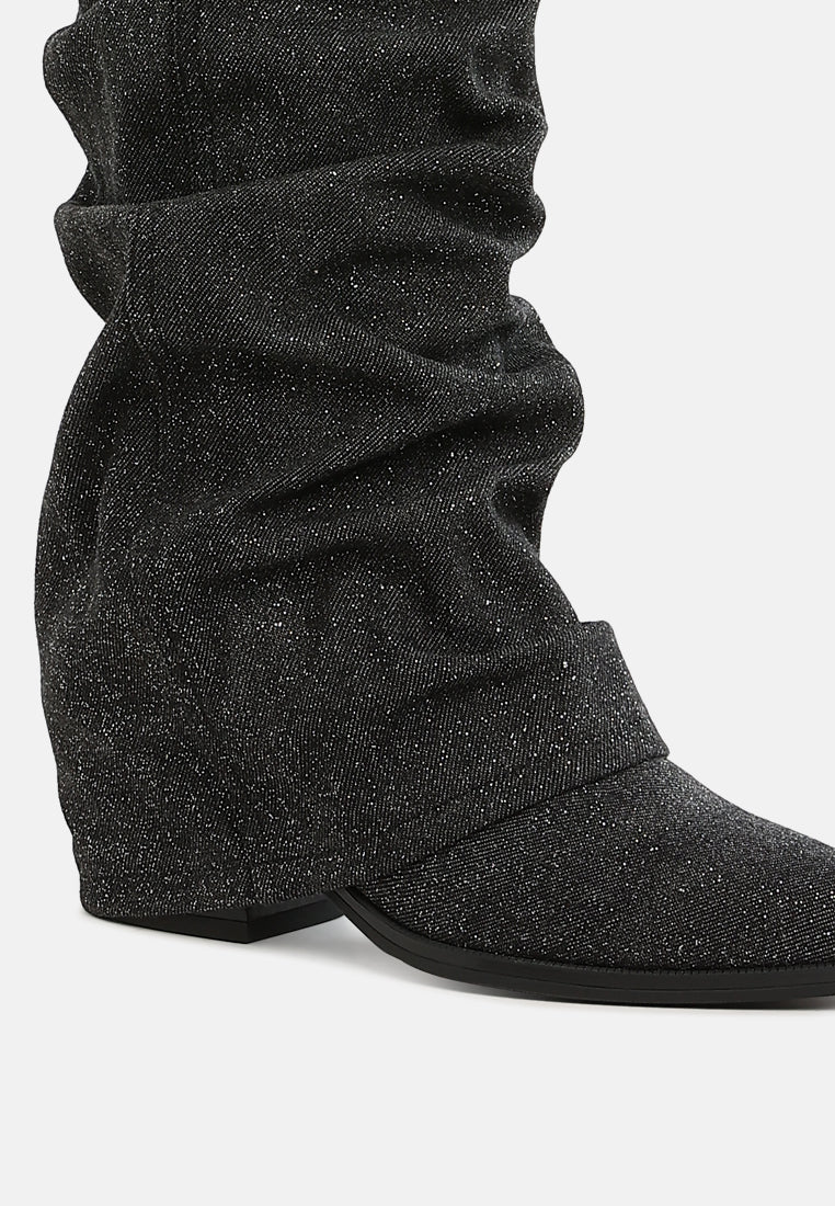 women fold-over slouchy denim boot#color_black