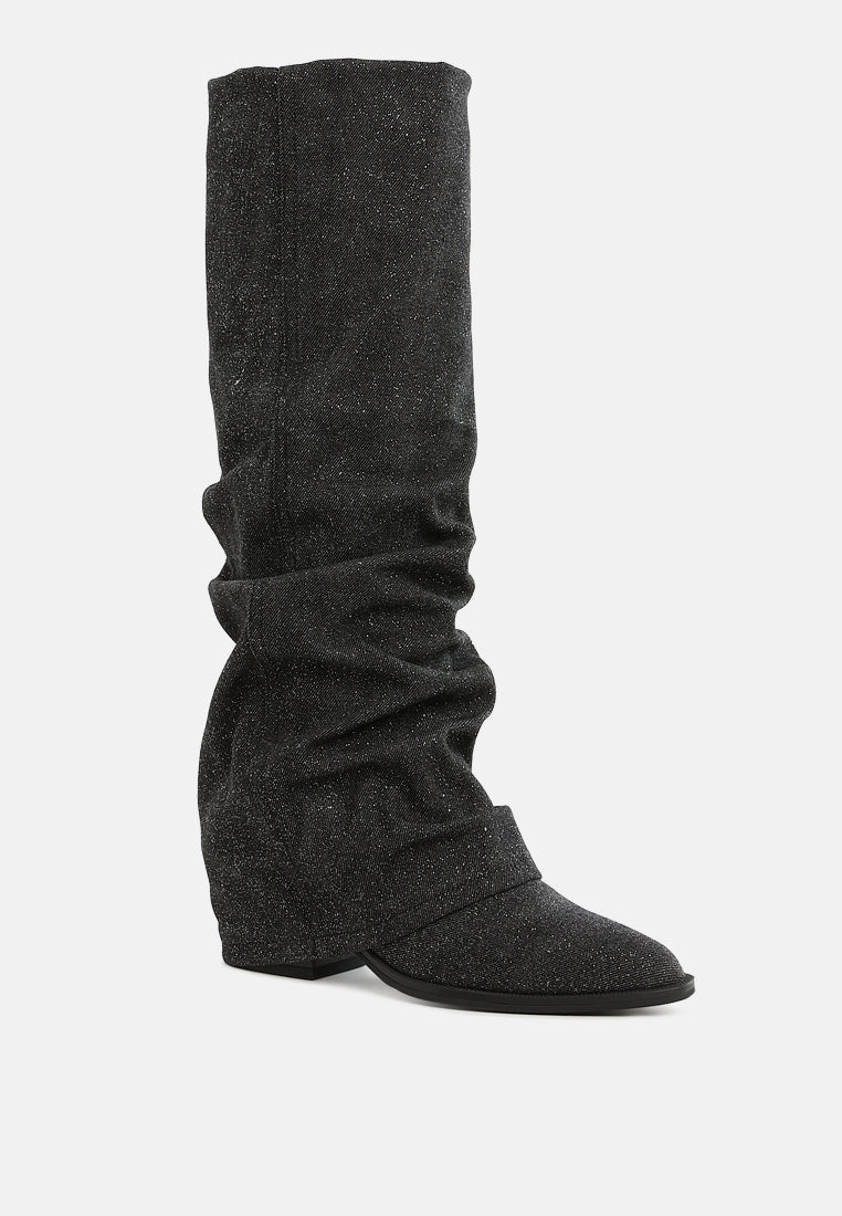 women fold-over slouchy denim boot#color_black