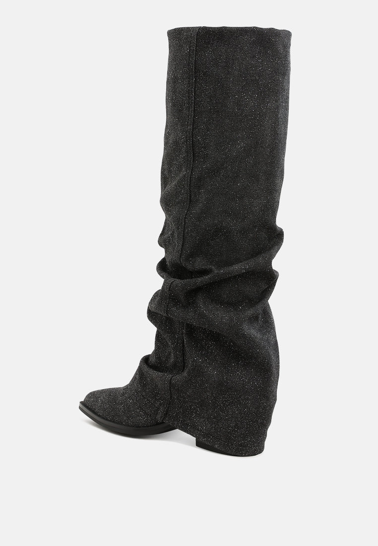 women fold-over slouchy denim boot#color_black