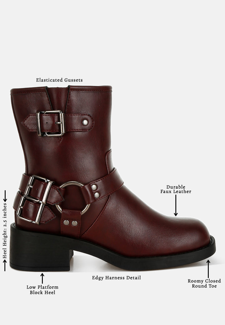 women harness detail biker boots#color_burgundy