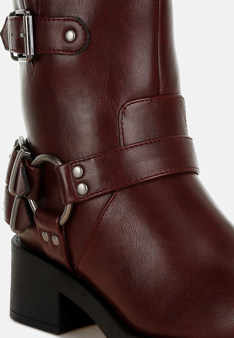 women harness detail biker boots#color_burgundy