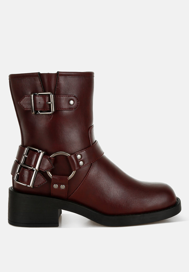women harness detail biker boots#color_burgundy