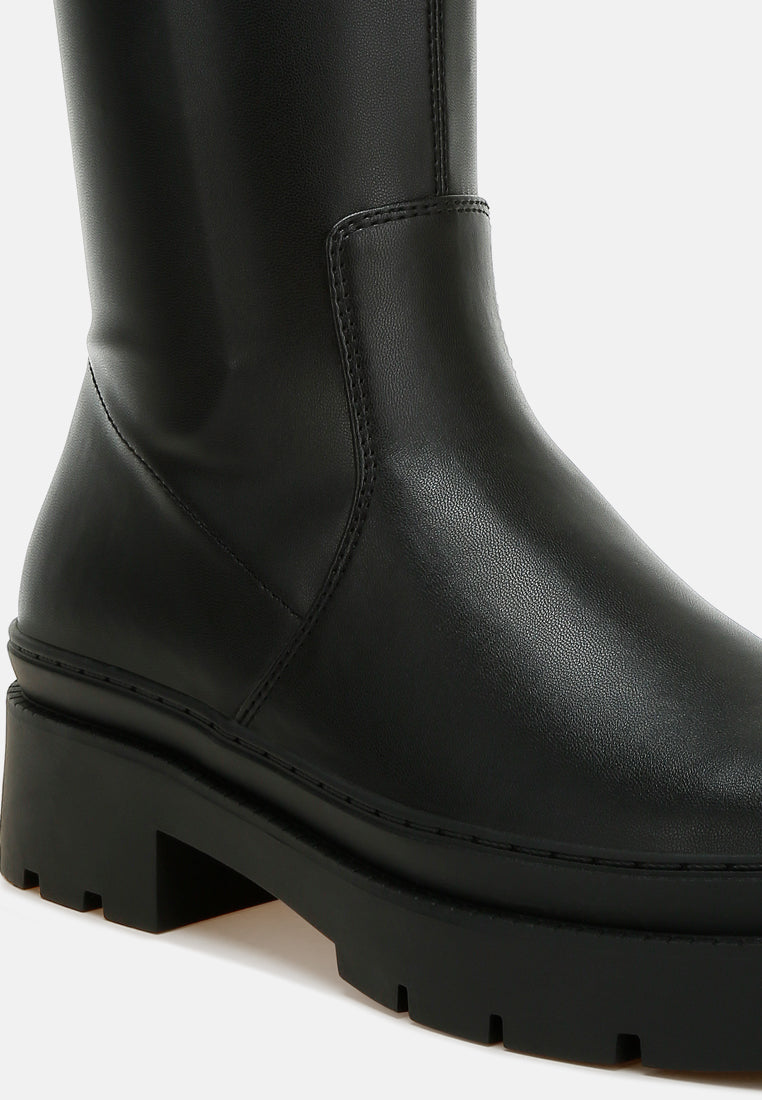 women chunky faux leather calf boots#color_black