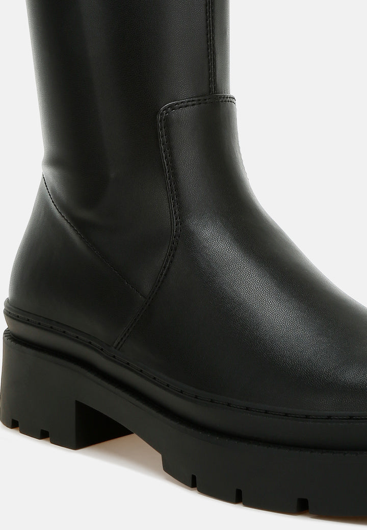 women chunky faux leather calf boots#color_black