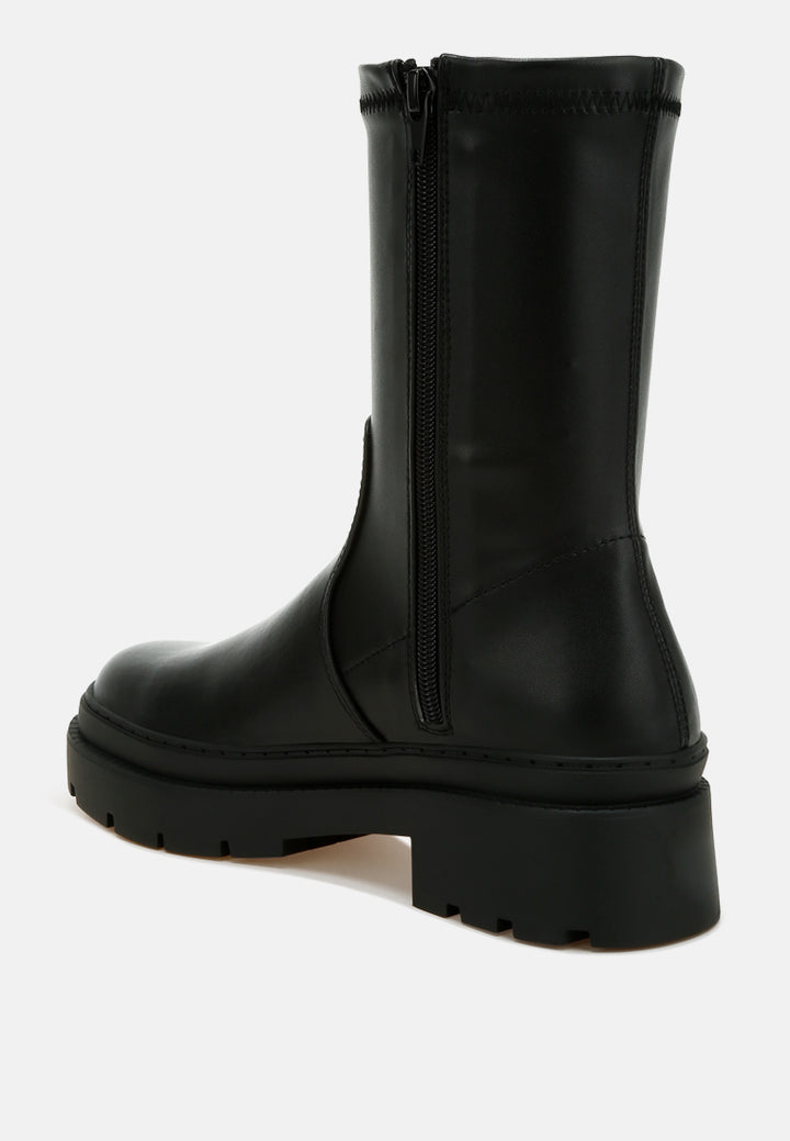 women chunky faux leather calf boots#color_black
