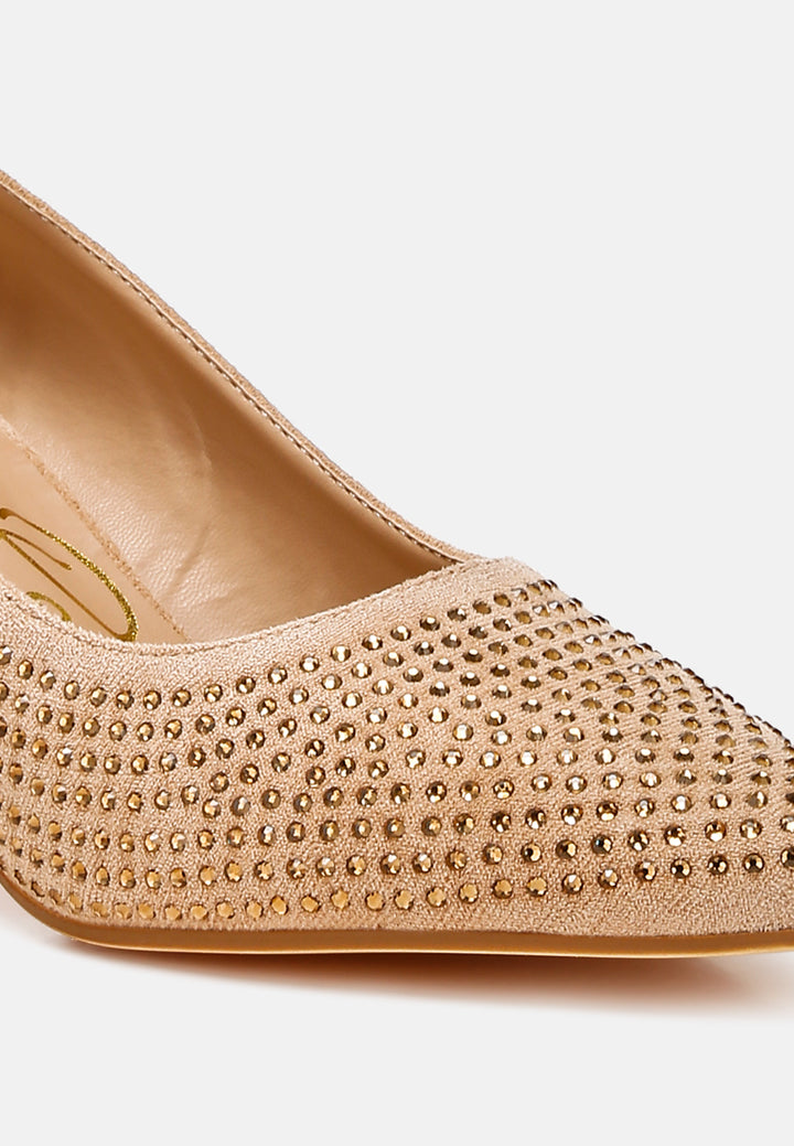 women rhinestones embellished pumps#color_beige