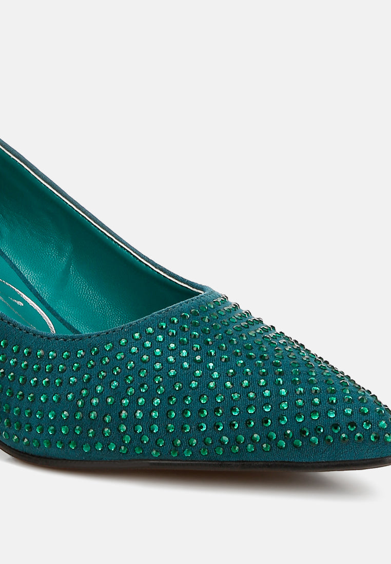 women rhinestones embellished pumps#color_bottle-green