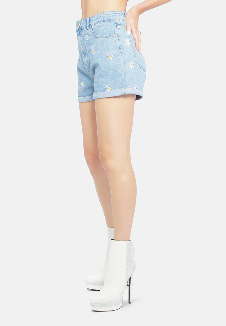 women casual floral embroidery denim shorts#color_blue