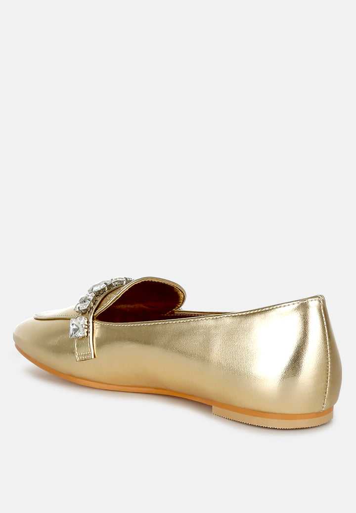 women diamante strap metallic loafers#color_gold