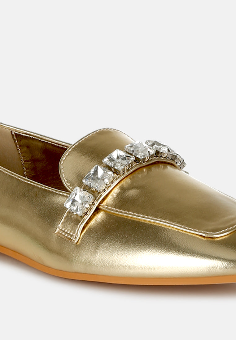 women diamante strap metallic loafers#color_gold