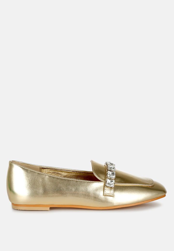 women diamante strap metallic loafers#color_gold
