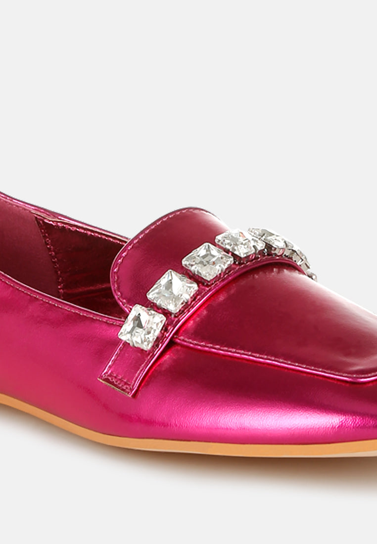 women diamante strap metallic loafers#color_fuchsia