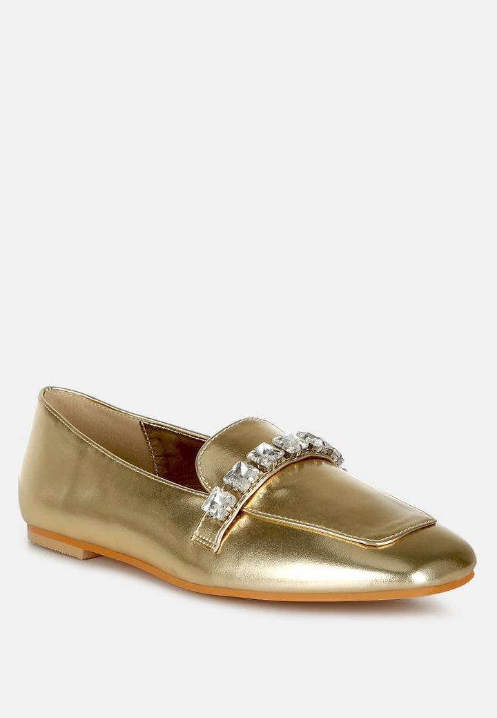 women diamante strap metallic loafers#color_gold