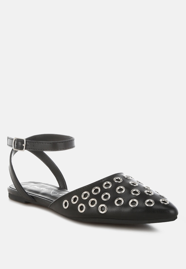 chalcis metallic eyelet detail flat sandals#color_black
