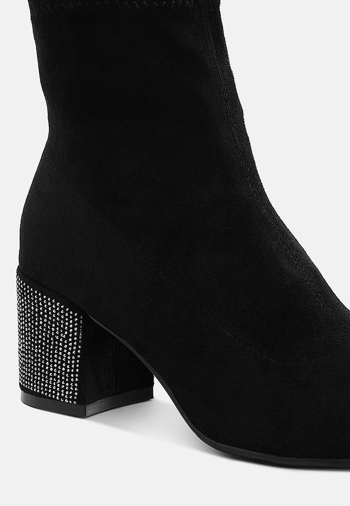 women embellished rhinestones block heel boots#color_black