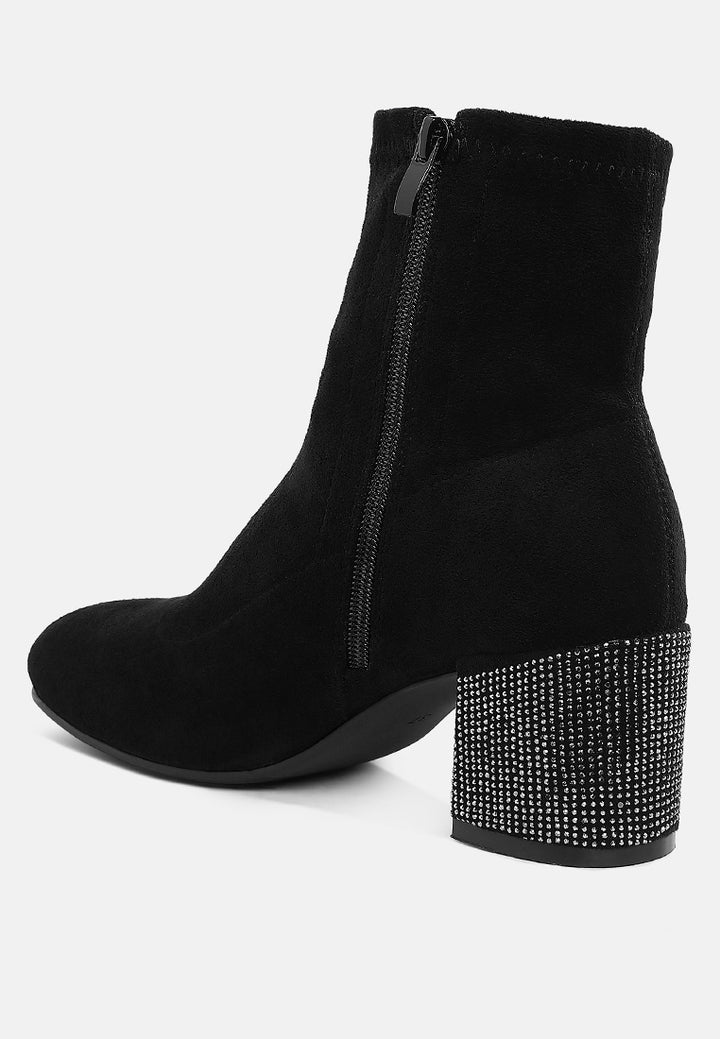 women embellished rhinestones block heel boots#color_black