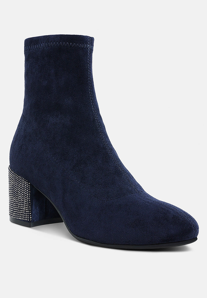 women embellished rhinestones block heel boots#color_navy