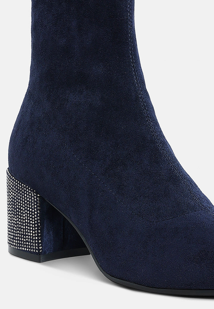 women embellished rhinestones block heel boots#color_navy